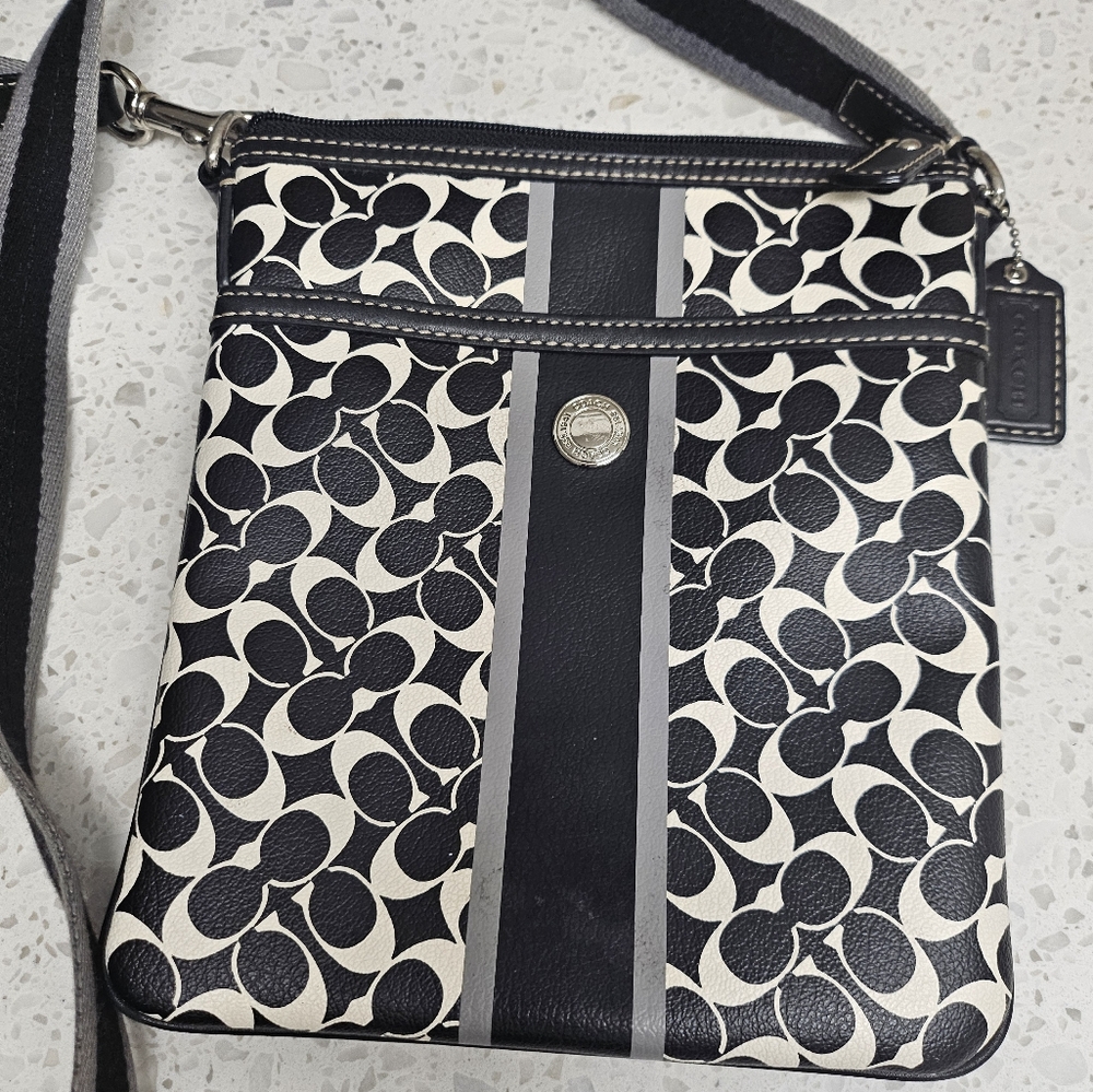 Coach Signature Stripe C  Crossbody Shoulder Bag Black & White